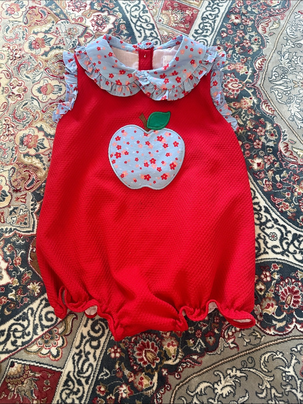 Cecil and Lou Red Baby Romper with Blue Floral Ruffled Collar